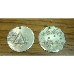 2 VINTAGE WENDELL AUGUST FORGE ORNAMENTS-FIREPLACE SCENE & MIDNIGHT FLIGHT-1990S